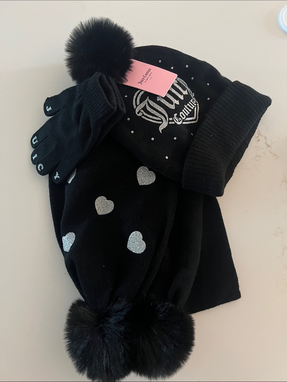 Black Kids Pom Pom Hat, Scarf & Gloves Set - Glitter Heart Accent